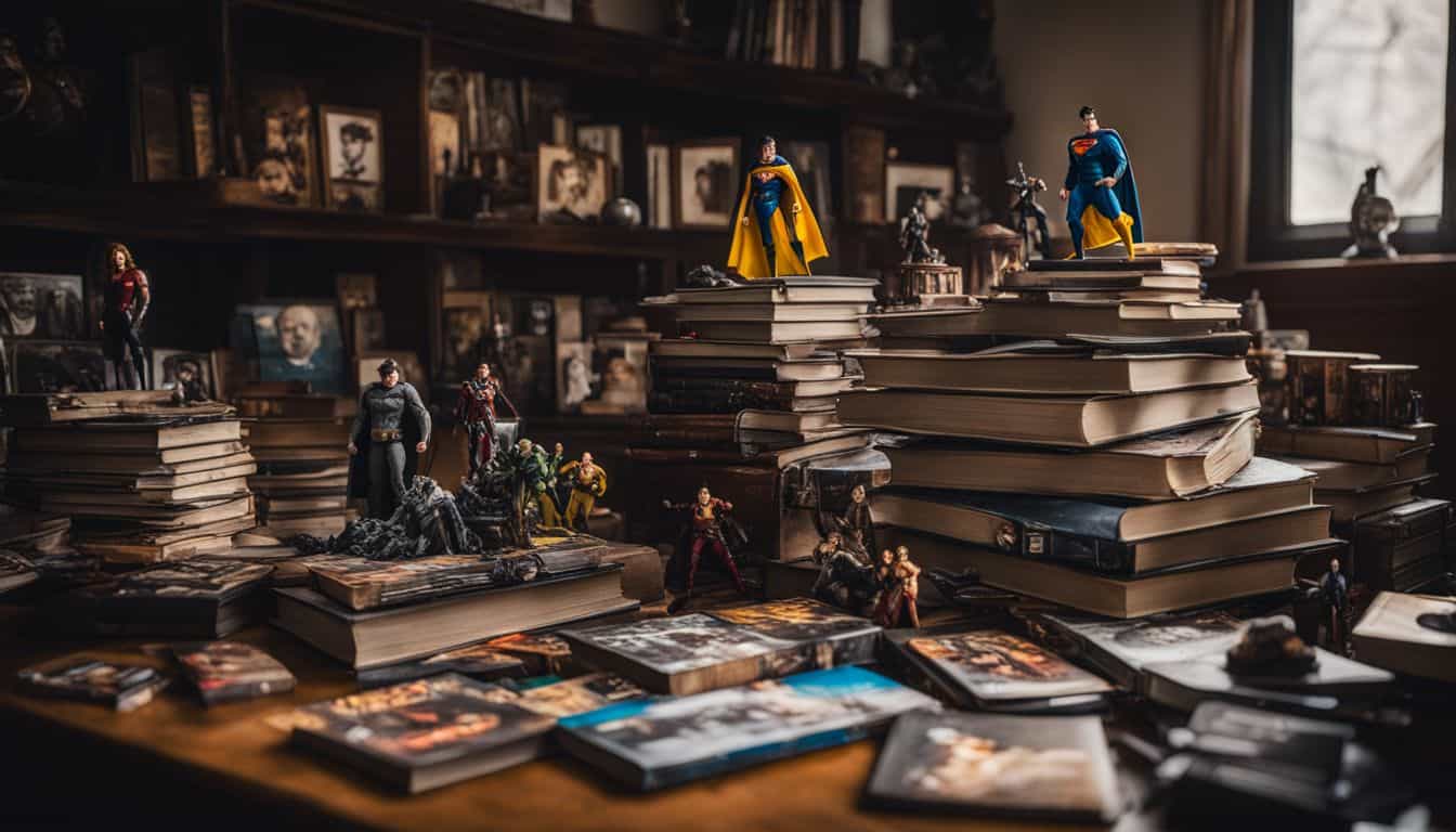A collection of DC Comics books surrounded by action figures.