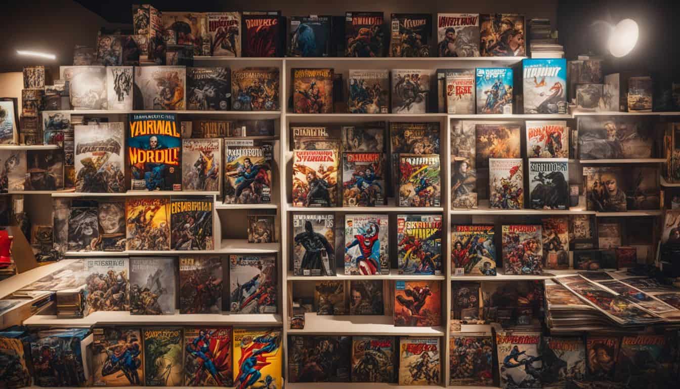 A collection of iconic DC comics surrounded by superhero memorabilia.