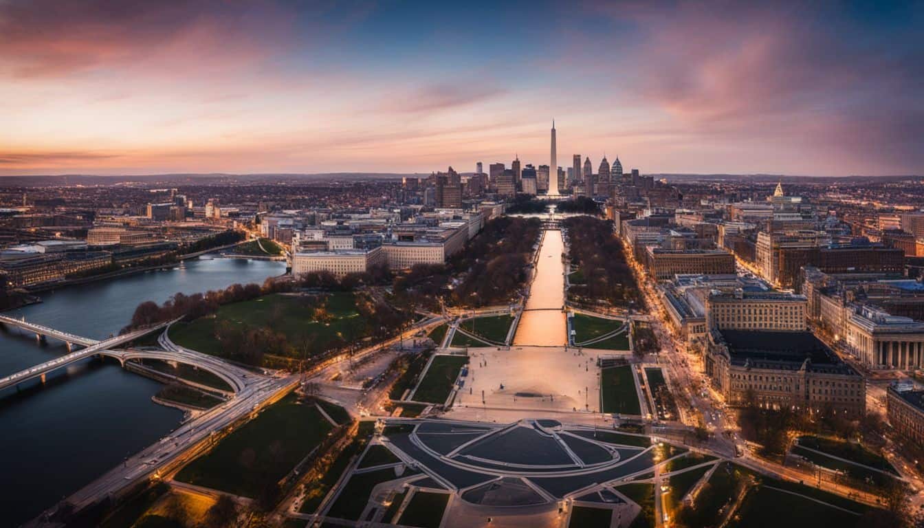 A vibrant cityscape featuring iconic DC Extended Universe landmarks and diverse individuals.