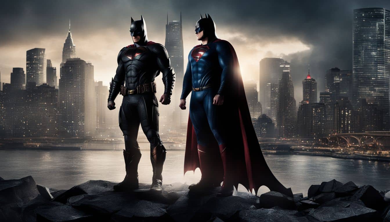 Batman and Superman together in a cityscape, showcasing their unique styles.