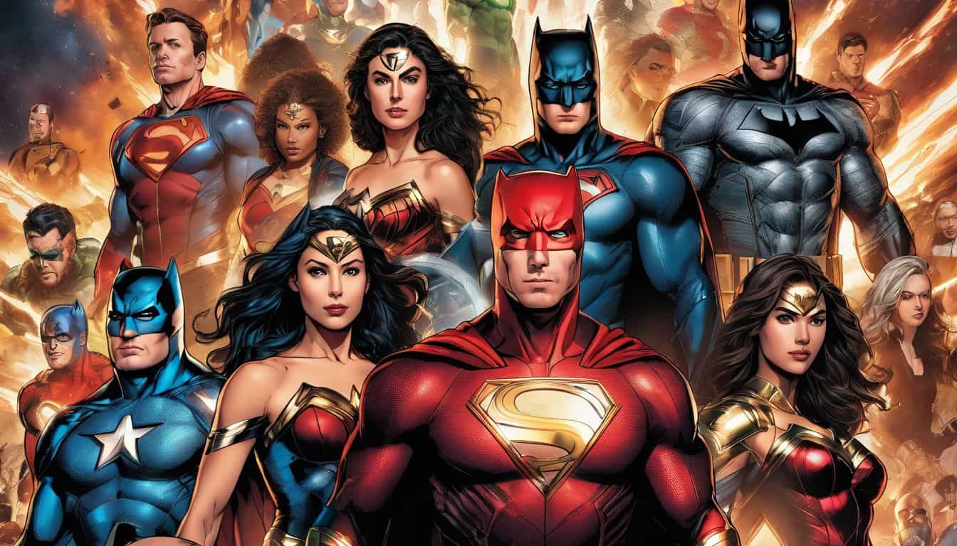 A diverse group of DC superheroes gather together in a dynamic comic scene.