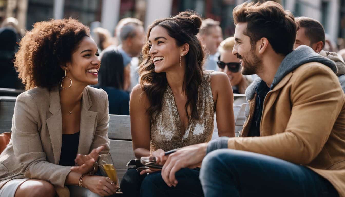A diverse group of people enjoying each other's company in a cityscape setting.