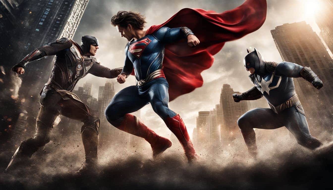 Superheroes in a fierce battle against a powerful enemy.