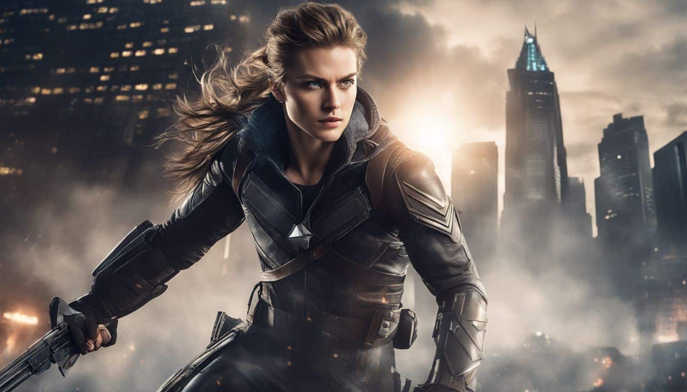 A heroic figure strikes a pose against a city backdrop.