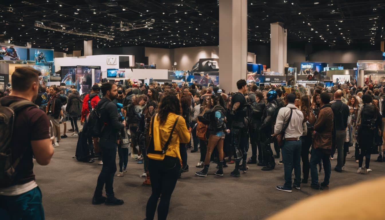 A crowded DC Comics convention with fans dressed as their favorite characters.