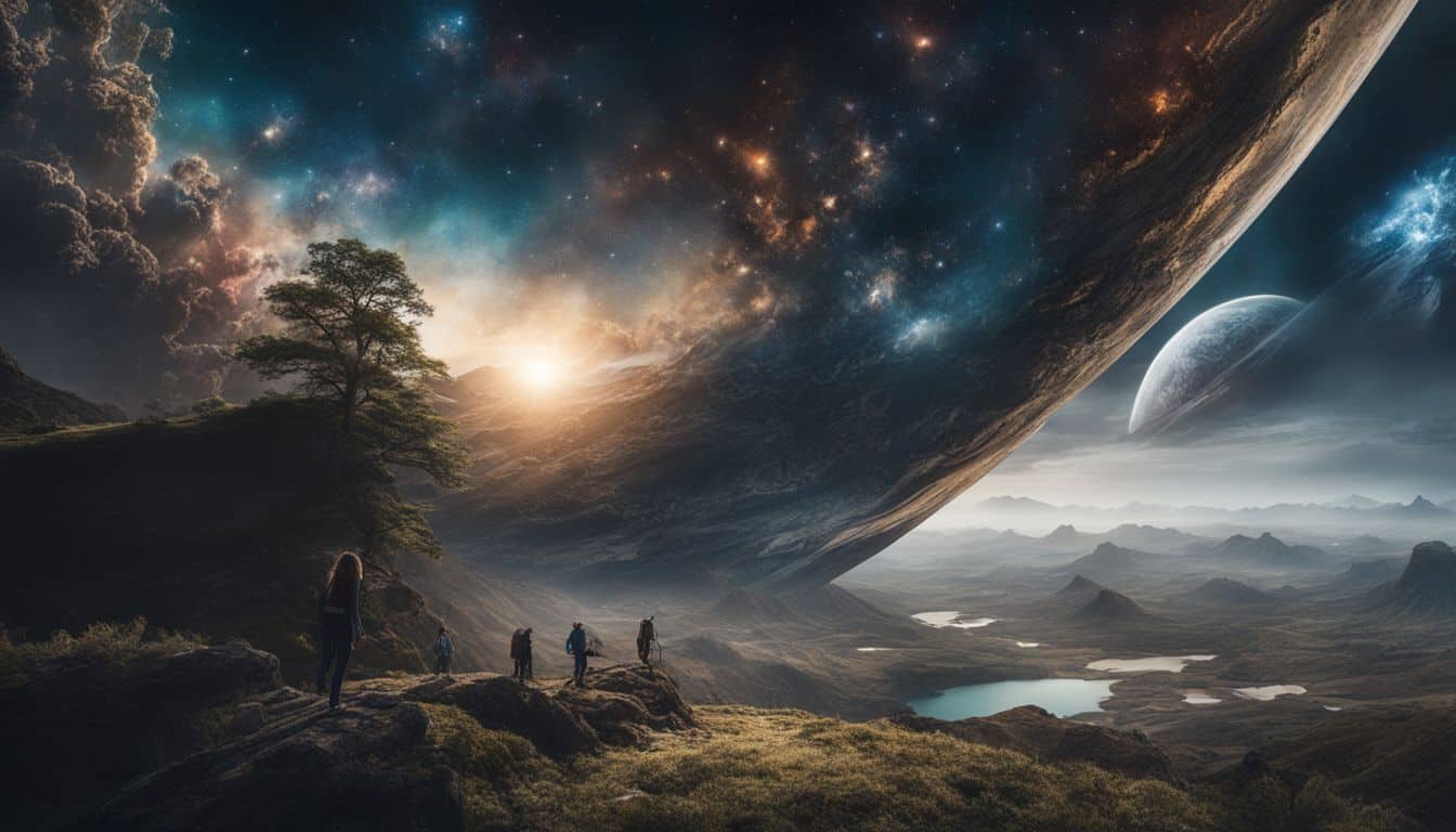 A cosmic landscape with colliding alternate universes showcasing diverse individuals.