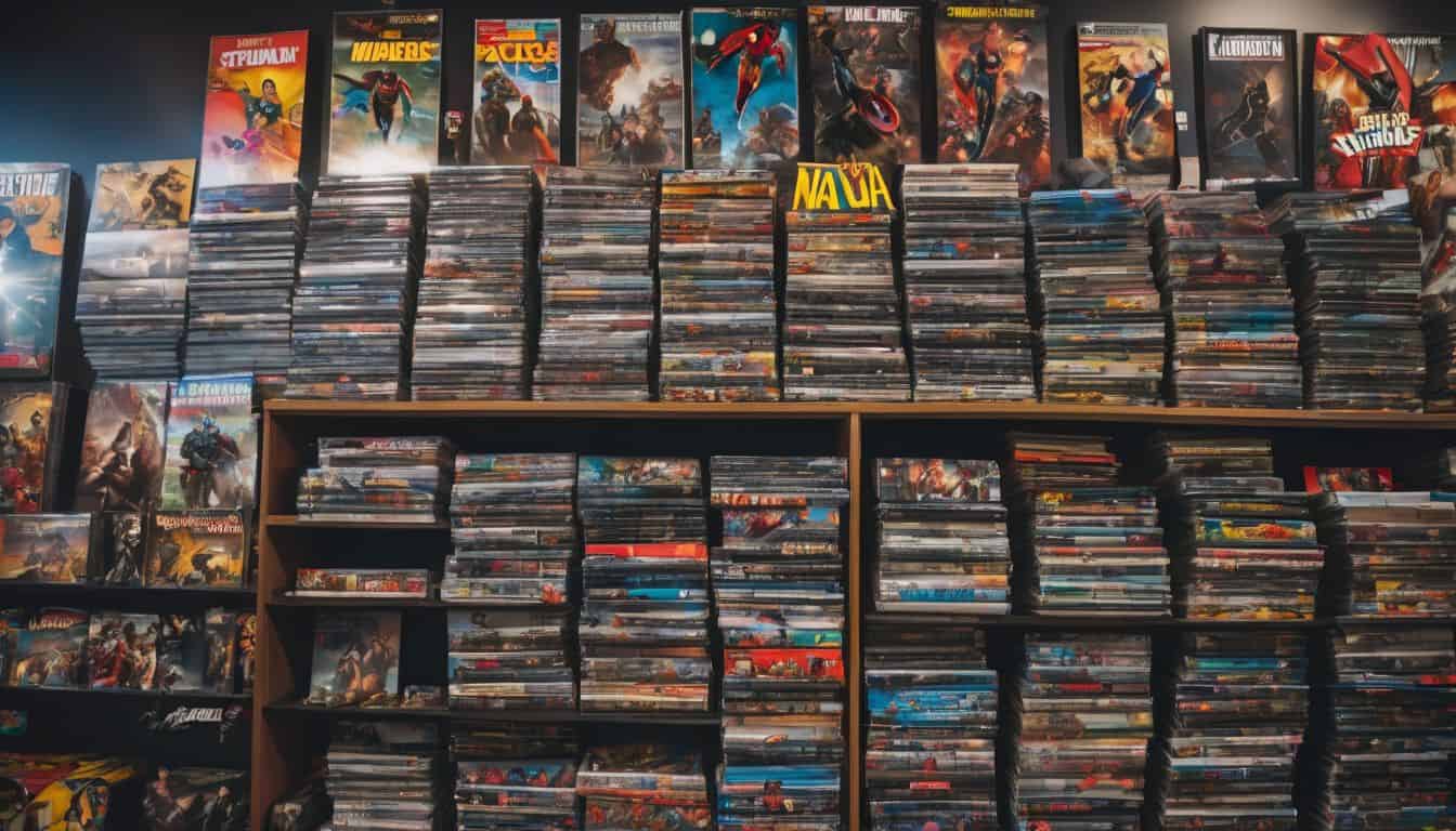 A vibrant display of comic books, action figures, and movie posters.