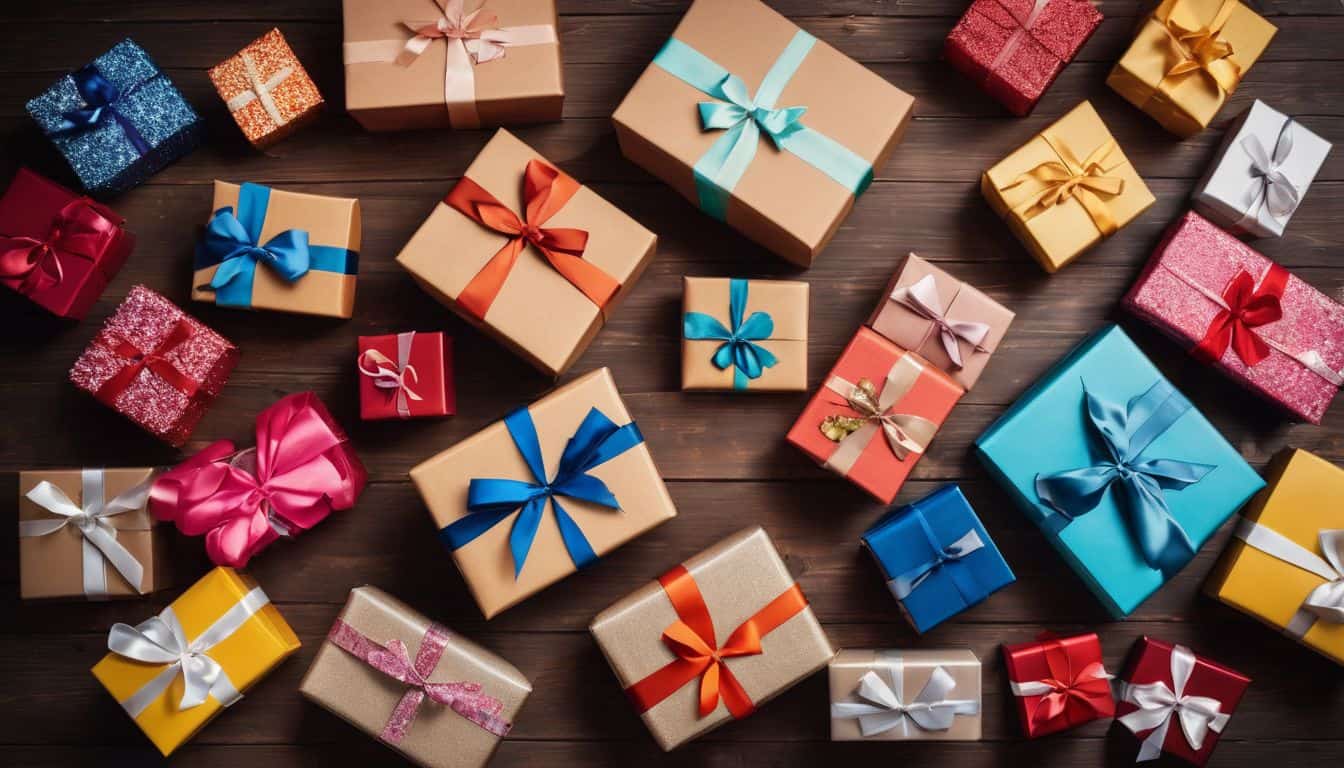 Colorful gift boxes and ribbons scattered on a wooden table.