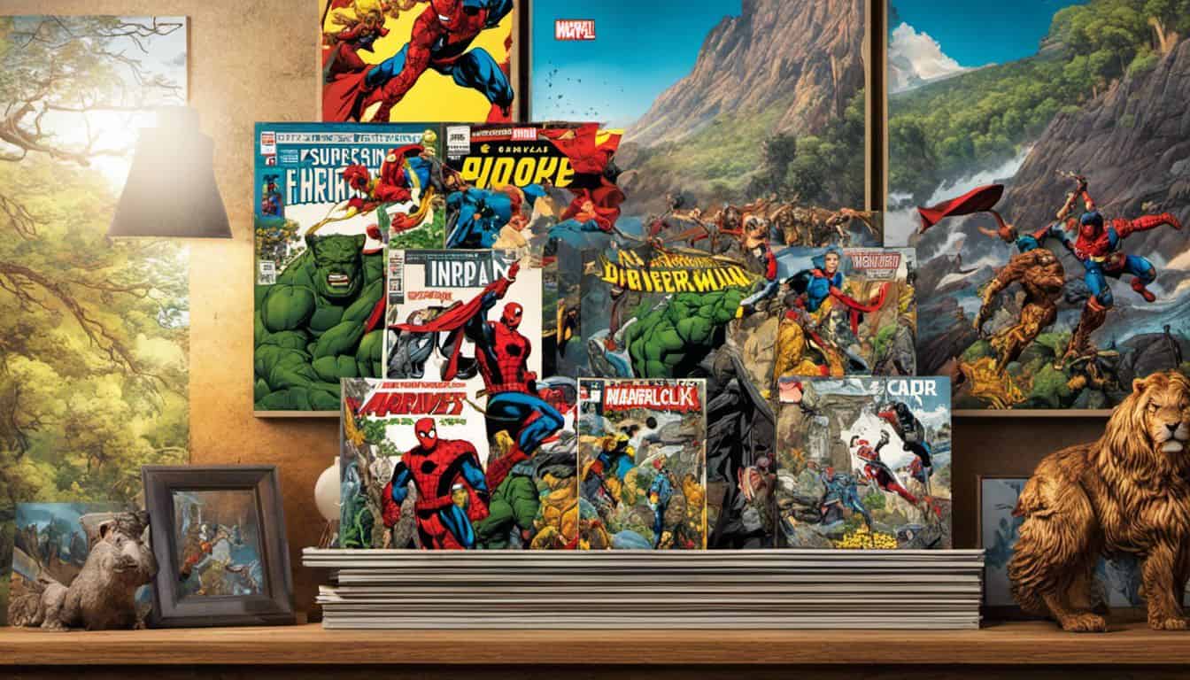 The image showcases a collection of Marvel comic books and superhero memorabilia surrounded by nature-themed decor.