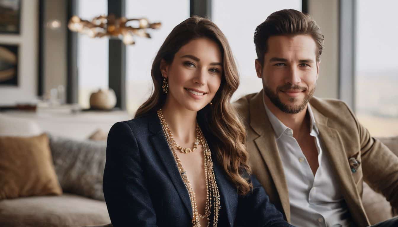 A couple wearing matching personalized necklaces stands in a cozy living room.