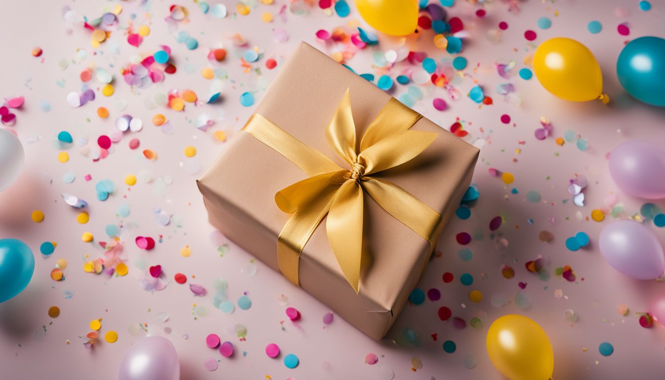 A beautifully wrapped birthday gift surrounded by confetti and balloons.