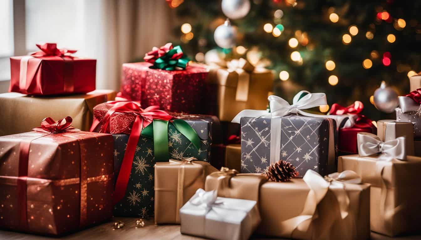 A festive scene of Christmas gifts surrounded by twinkling lights.