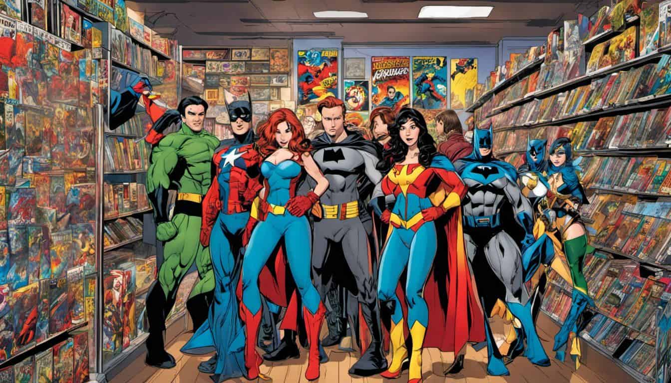 A diverse group of superhero fans gather in a comic book store.