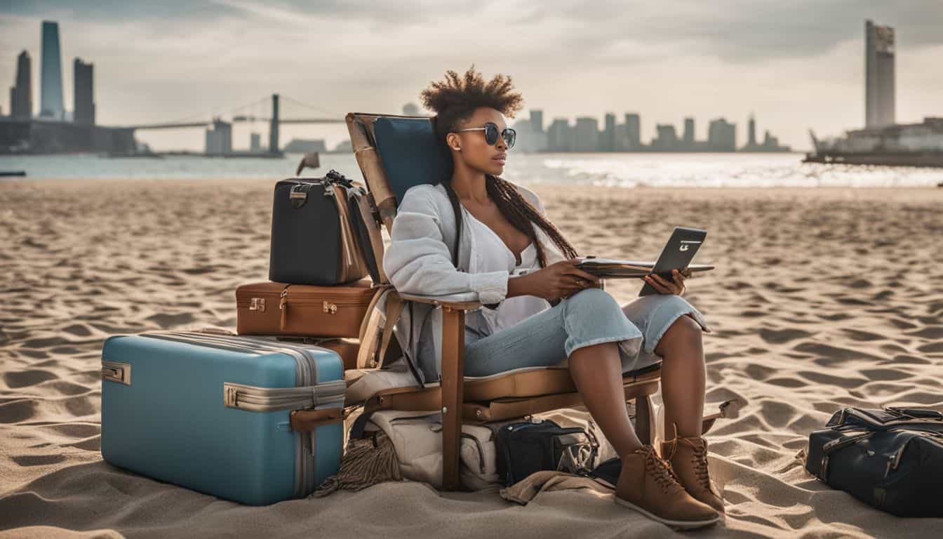 A traveler surrounded by luggage and photography equipment on a beach.