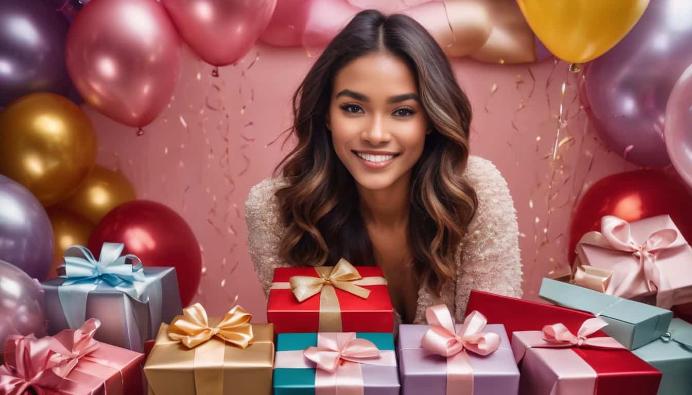 A woman surrounded by colorful gift boxes in a studio setting.