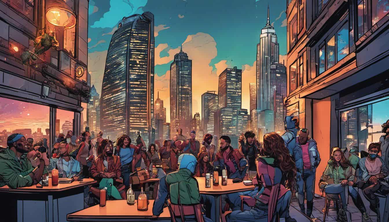 Marvel fans enjoying memes and cityscape at rooftop bar.