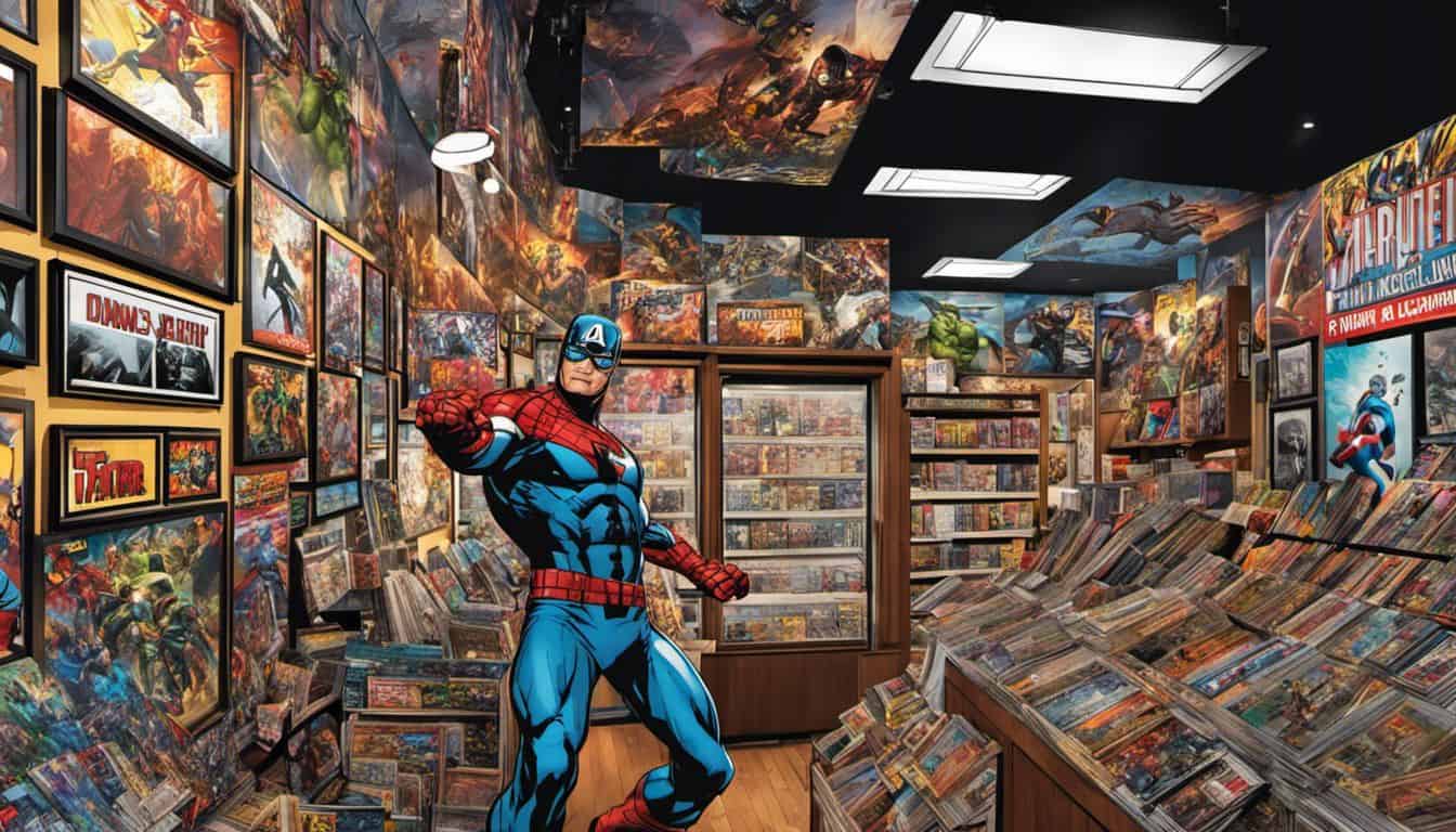 Marvel fans gather in a comic book store surrounded by vibrant memorabilia.