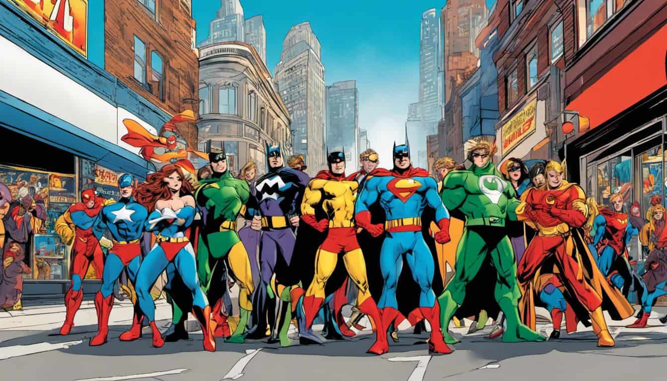 A diverse group of Marvel fans dressed as superheroes outside a comic book store.